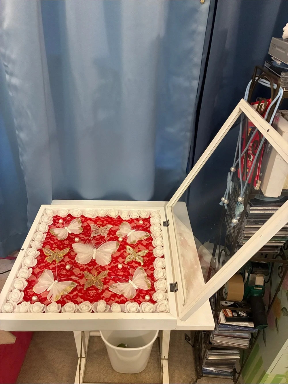 Hand Crafted White Butterfly Shadow Box Frame with Red Lace Backing